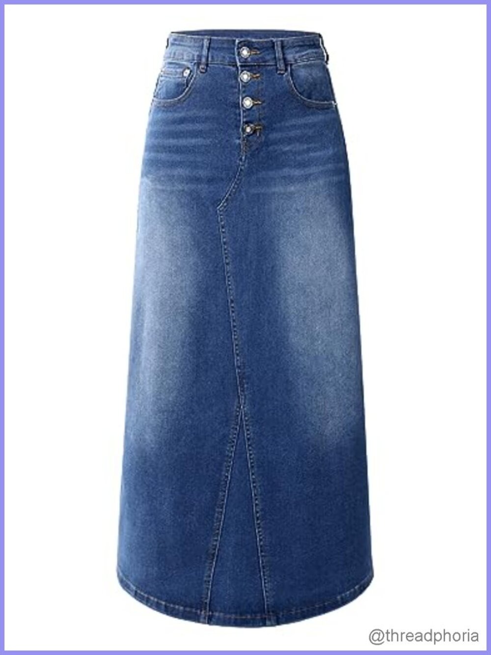 A-Line Denim Maxi Skirt 100% Cotton High Rise Flared Hem 4-Button Jean Skirt